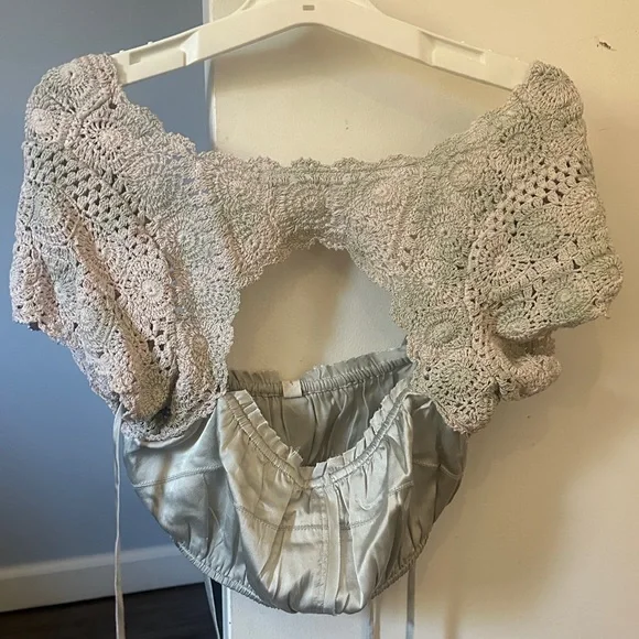 Free People Satin and Crochet Mix Top in Sage Gray - Picture 1 of 4